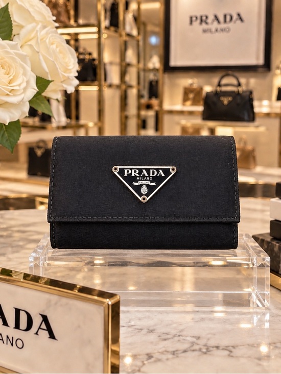 Prada Handbags - Prada Black Nylon Triangular Logo Compact Wallet